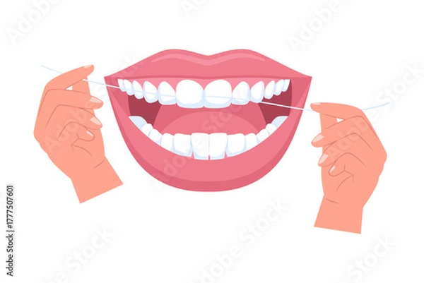 Fototapeta Flossing Teeth and Interdental Cleaning. An illustration showing dental floss being used to clean between teeth, emphasizing interdental hygiene and the importance of flossing