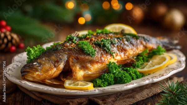 Fototapeta Traditional Fried Carp with Lemon and Parsley for Polish Christmas Feast