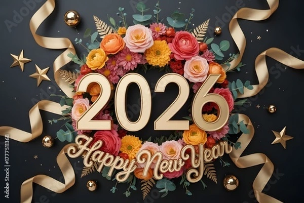 Obraz Happy new year 2026 greeting with floral wreath and festive ribbons