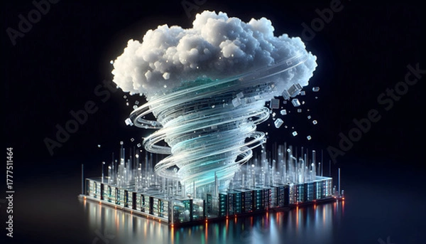 Obraz Server Stack Cyclone: Futuristic 3D Art of a Glassmorphic Data Vortex with Circuitry and Refracted Light