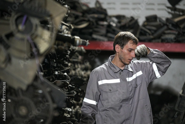 Obraz White man technician checking used car damaged engine block at scrap yard warehouse recycle area part. Maintenance engineer inspecting rust oily auto motor old spare part in junkyard for reuse service