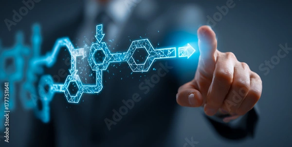 Obraz Businessman s finger touches glowing blue futuristic digital network connection on dark background