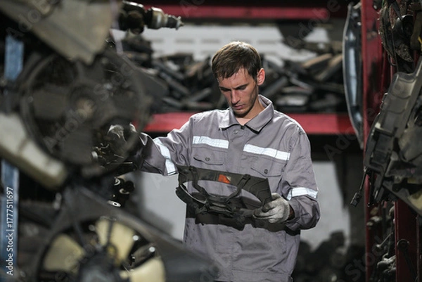 Fototapeta White man technician checking used car damaged engine block at scrap yard warehouse recycle area part. Maintenance engineer inspecting rust oily auto motor old spare part in junkyard for reuse service