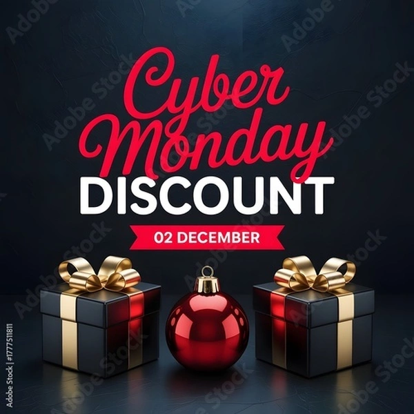 Obraz Cyber monday discount with gifts and red ornament on dark background, 02 december sale promotion