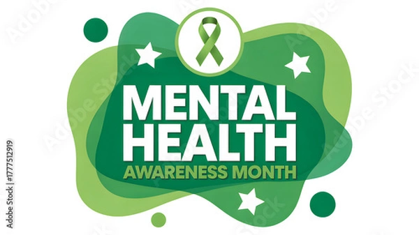 Fototapeta Mental health awareness month green ribbon symbol and abstract shapes promoting well being and support isolated on transparent background