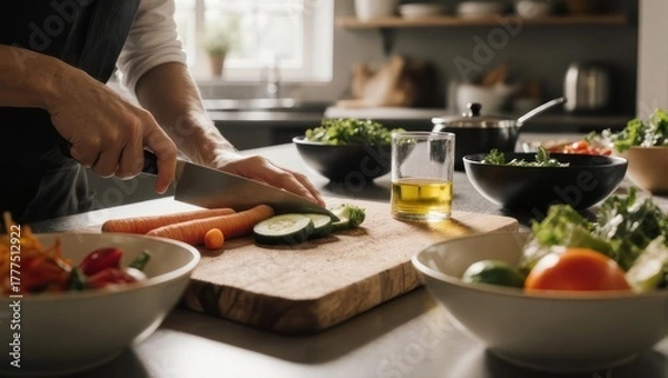 Obraz A person in kitchen preparing fresh ingredients on a wooden cutting board