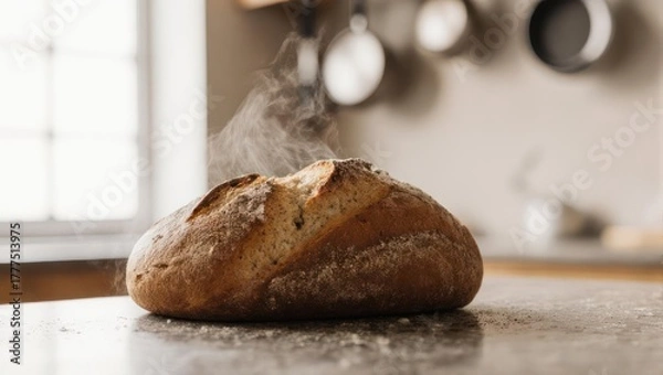 Obraz Freshly baked, steaming bread loaf on a kitchen countertop with pans in background
