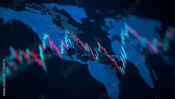 Fototapeta Global financial market data visualization with stock charts overlaid on a world map