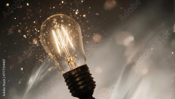 Obraz Illuminated vintage lightbulb with filaments radiating, surrounded by particles and atmospheric elements