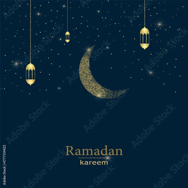 Fototapeta Islamic night background with golden crescent moon with lanterns. Perfect for Ramadan and Eid designs. Vector Illustration.
