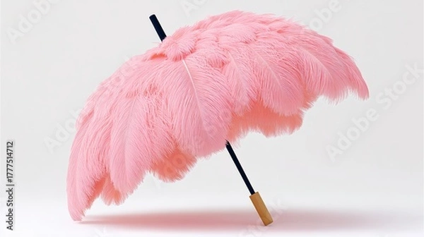 Obraz A pink umbrella with feathers on it. The umbrella is open and the feathers are spread out. The image has a whimsical and playful mood