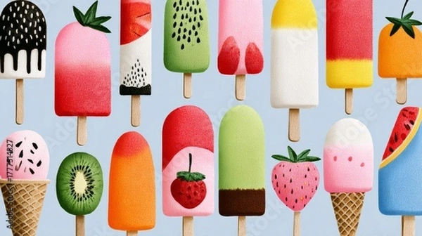 Fototapeta A colorful array of ice cream and fruit popsicles. The popsicles are arranged in a row, with some featuring strawberries, kiwi, and watermelon. Scene is cheerful and playful