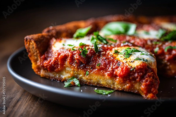 Fototapeta Chicago-style deep-dish pizza slice with fresh basil on a plate.