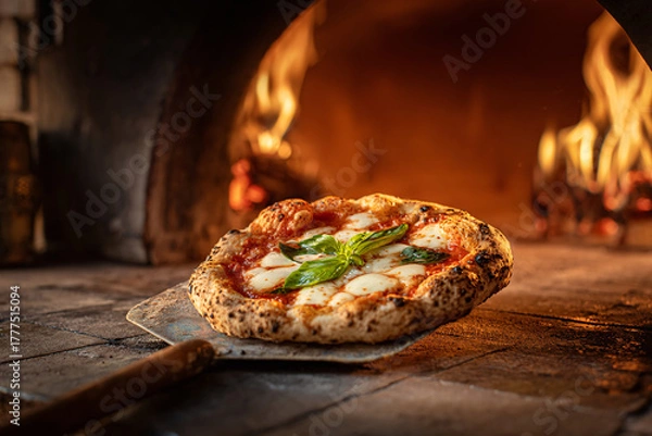 Fototapeta Neapolitan pizza fresh from a wood-fired oven with basil.