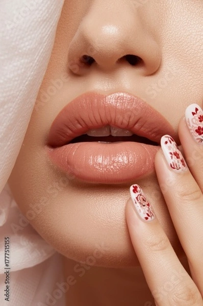 Fototapeta A captivating close-up portrait highlights luscious, glossy nude lips, subtly parted to reveal pristine white teeth, conveying a sense of natural allure and feminine elegance. The smooth, healthy-look