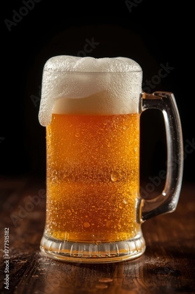 Fototapeta A chilled glass mug brimming with a golden, effervescent beverage stands prominently on a rustic dark wooden surface. A thick, creamy head of white foam cascades over the rim, while countless tiny con