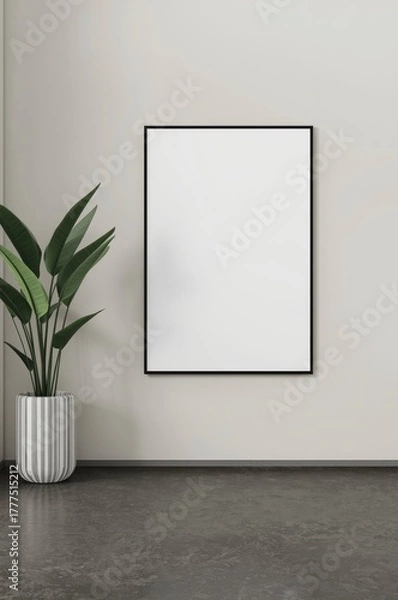 Fototapeta A clean, minimalist interior showcases a large blank white frame on a light wall, ideal for mockups. A green plant in a striped pot adds a natural touch, complementing the dark floor for a serene, mod