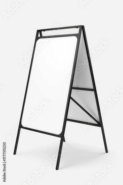 Fototapeta A clean, modern A-frame sign, also known as a sandwich board, stands prominently with blank white display panels ready for custom content. The sleek black metal frame provides a minimalist and profess