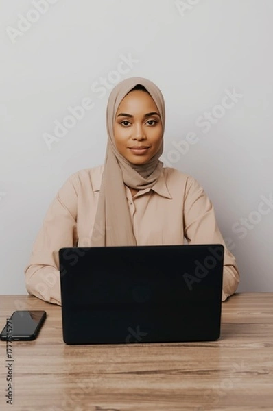 Fototapeta A confident and focused individual, professionally dressed and wearing a modest head covering, sits attentively at a polished wooden desk. With a modern laptop open in front and a smartphone placed ne