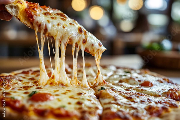 Fototapeta Pizza slice with melted cheese being lifted.