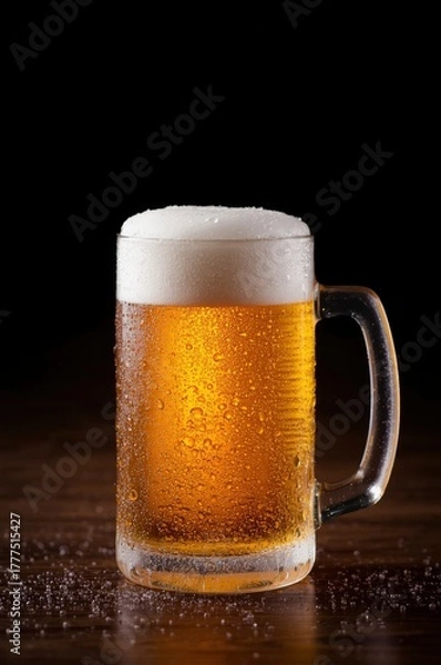 Fototapeta A frosty glass mug filled with a rich, golden beverage, crowned with a thick layer of creamy white foam. Numerous condensation droplets cling to the chilled glass surface, cascading onto the dark, ref