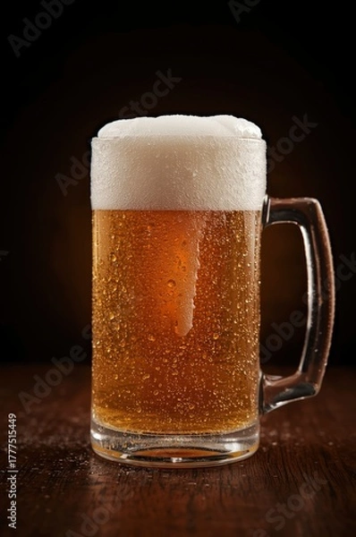 Fototapeta A perfectly poured mug of cold, golden amber beverage stands prominently on a dark, rustic wooden surface. The glass is covered in glistening condensation, emphasizing its chilled temperature and refr