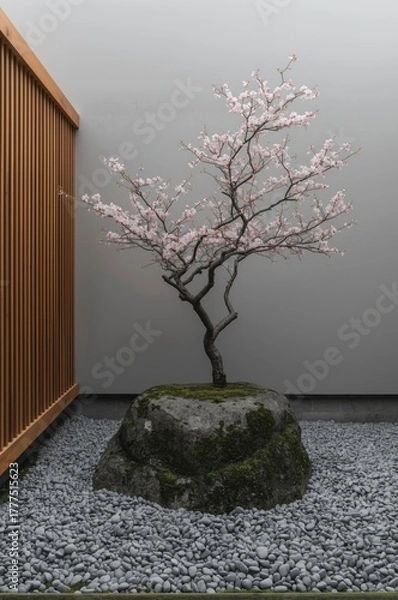 Fototapeta A tranquil and minimalist garden scene features a delicate tree adorned with soft pink blossoms, gracefully emerging from a large, moss-covered rock. The ancient, gnarled trunk contrasts with the ephe