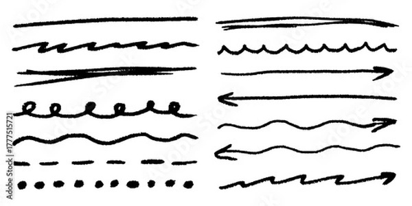 Obraz Hand drawn crayon arrows with chalk swirls, messy sketch underlines, scribble direction marks and vintage grunge texture.