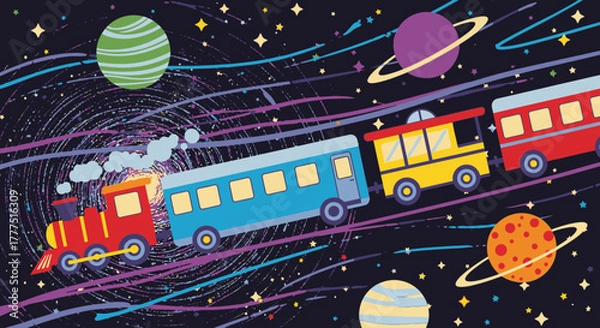 Fototapeta Colorful Toy Train with Carriages Traveling Through Space.