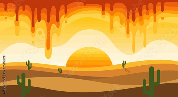 Fototapeta Desert Landscape with Cacti and Setting Sun.