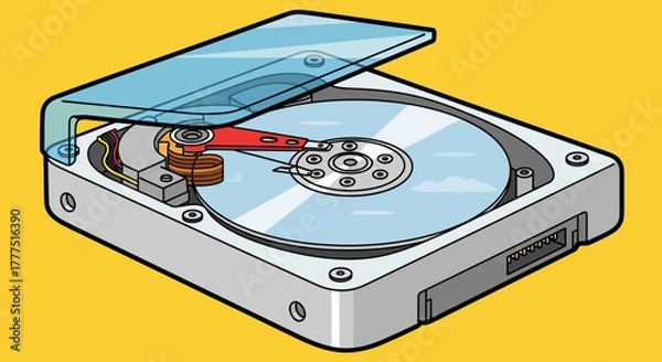 Fototapeta Detailed illustration of an open hard disk drive with visible internal components.