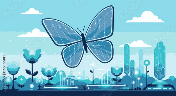 Fototapeta Digital Butterfly with Circuit Board Wings Flying in a Futuristic Landscape.