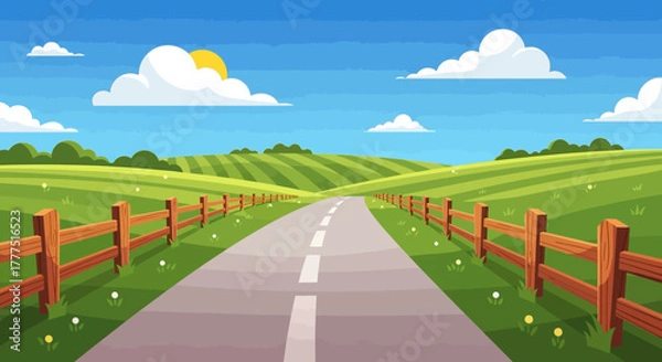 Fototapeta Empty asphalt road stretching through green fields on a sunny day.