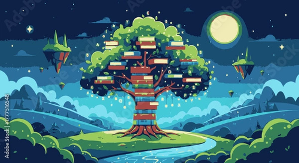 Fototapeta Enchanted Tree of Knowledge with Glowing Books and Magical Aura.