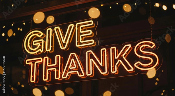 Fototapeta A bright yellow and orange neon sign displaying the message 'Give Thanks' is displayed against a dark background with bokeh lights creating a festive and grateful atmosphere.