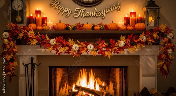 Fototapeta A cozy fireplace decorated for Thanksgiving with candles, pumpkins, a garland of autumn leaves, and a "Happy Thanksgiving" banner, creating a warm and inviting atmosphere.