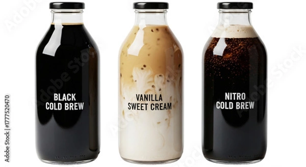 Fototapeta Three glass bottles of cold brew coffee, including black, vanilla sweet cream, and nitro, isolated on transparent background