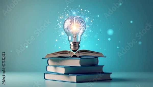 Obraz Illuminating Knowledge A Light Bulb of Ideas Above Stacked Books