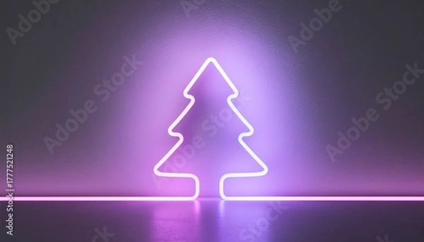 Obraz Neon Christmas Tree Minimalist Holiday Illustration with Glowing Line Art and Purple Ambiance