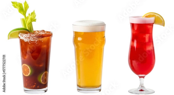 Fototapeta Three different alcoholic cocktails and a beer isolated on transparent background