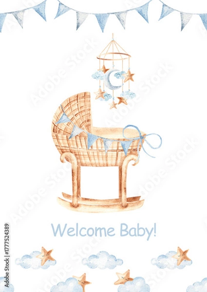Fototapeta Watercolor baby shower invitation for a baby boy with wicker cradle, moon and stars mobile, and blue bunting, clouds and stars border. Ideal for newborn celebration.