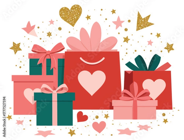 Fototapeta Vector illustration of a festive arrangement of gift boxes and shopping bags adorned with hearts and stars, isolated on a