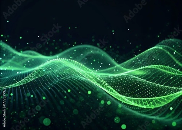 Fototapeta Abstract glowing green digital wave patterns with shimmering particles against a dark background representing data flow and technology