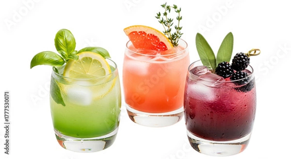 Fototapeta Three vibrant and refreshing cocktails with fresh fruit and herb garnishes, isolated on transparent background