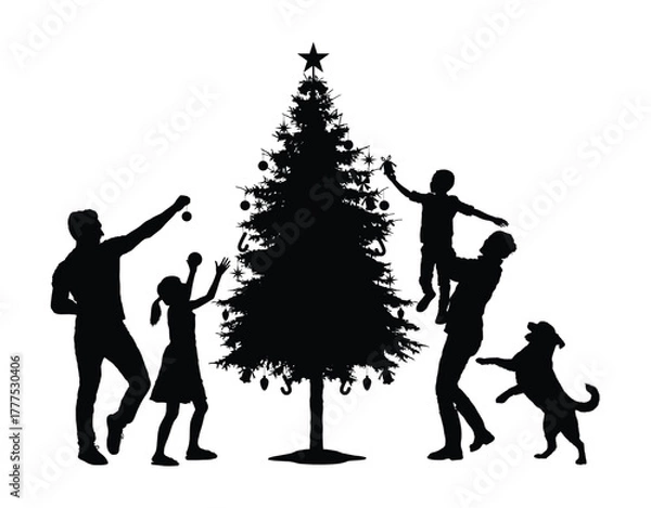 Obraz Family decorating christmas tree black silhouette isolated on white background.