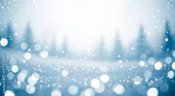 Fototapeta Enchanting Winter Forest with Sparkling Snowfall and Soft Bokeh Lights, Magical Christmas Atmosphere