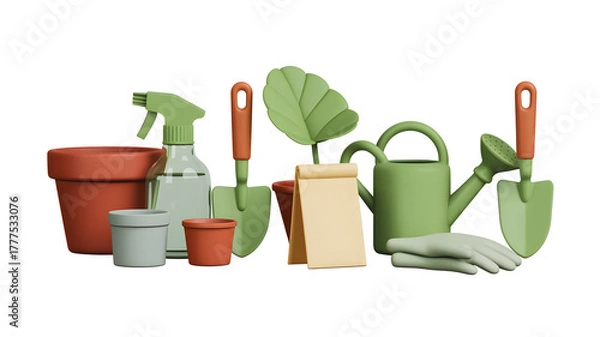 Obraz Gardening tools assortment on white background render representing hobby lifestyle