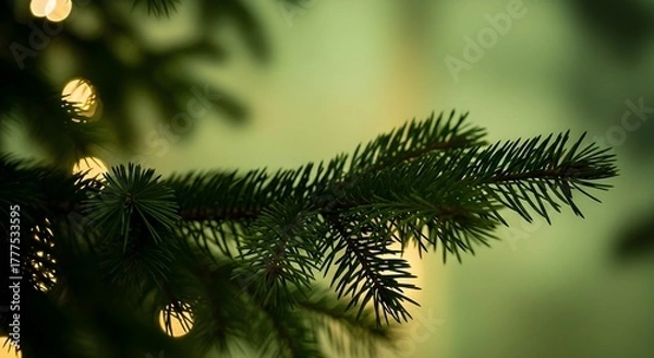 Fototapeta Close-up of a festive pine branch with soft, glowing lights