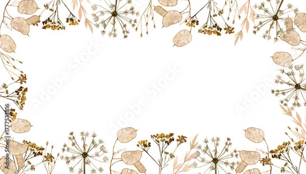 Fototapeta Frame of watercolor dry grass. Horizontal hand drawn elegant botanical illustration. Can be used for wedding, birthday, greeting cards, banners, templates and cosmetic.