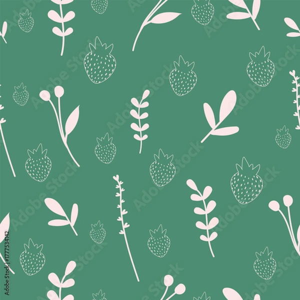 Fototapeta Muted Sage Green Hygge Botanical Seamless Pattern. Dusty Pink Wild Berry Vector.